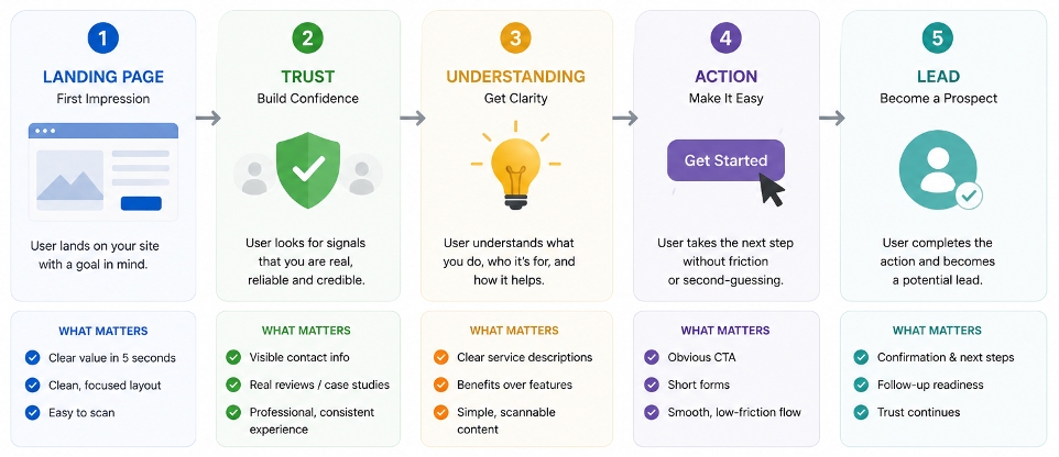 UI / UX customer journey from landing page and trust to action and lead conversion