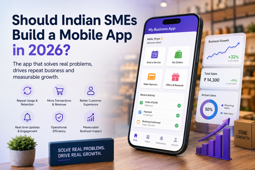 Mobile app for Indian SMEs showing repeat business, customer engagement, operational efficiency, and measurable growth