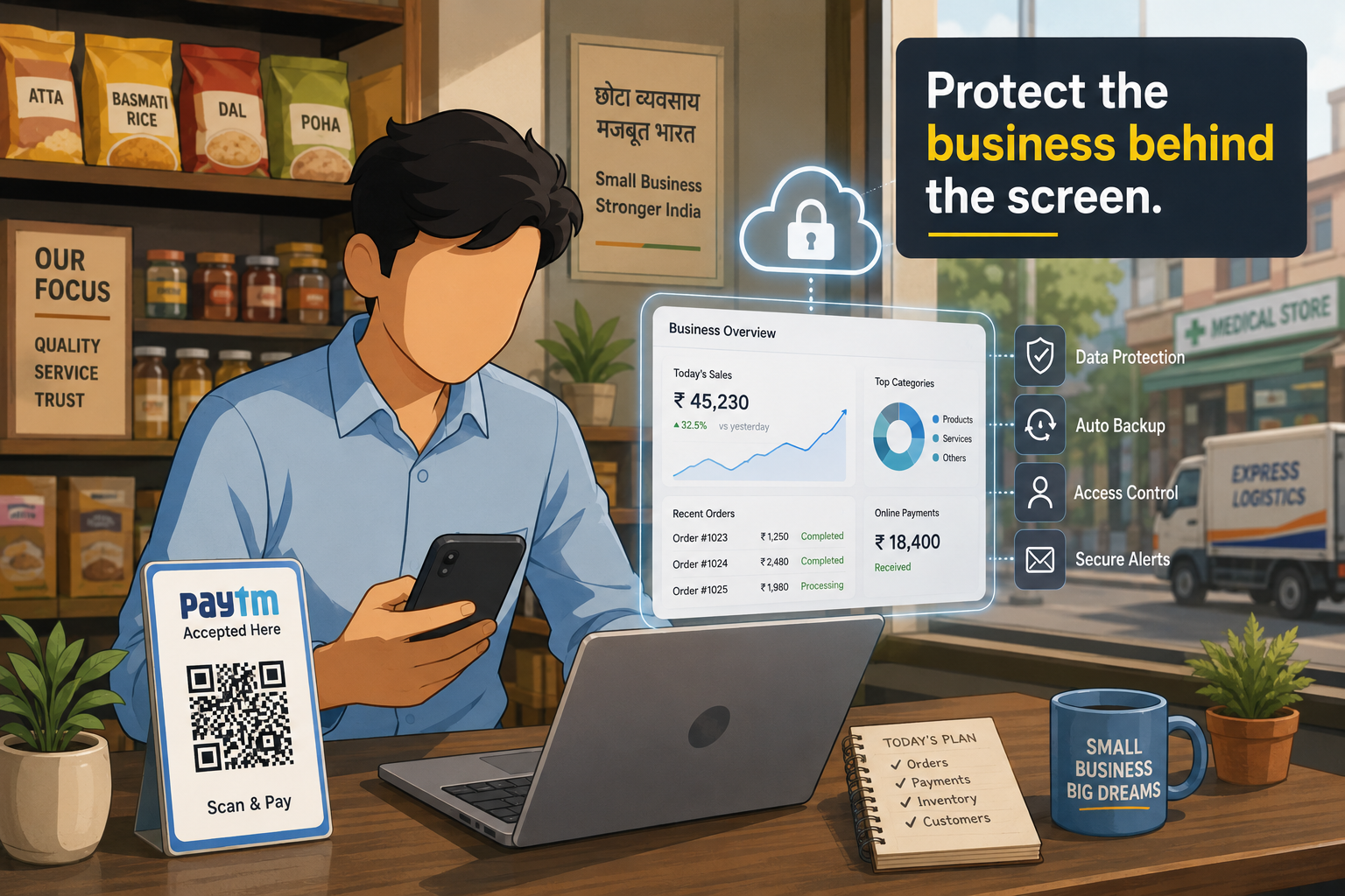 Indian small business owner using digital payments, cloud tools, and cybersecurity protection to secure business data and online operations