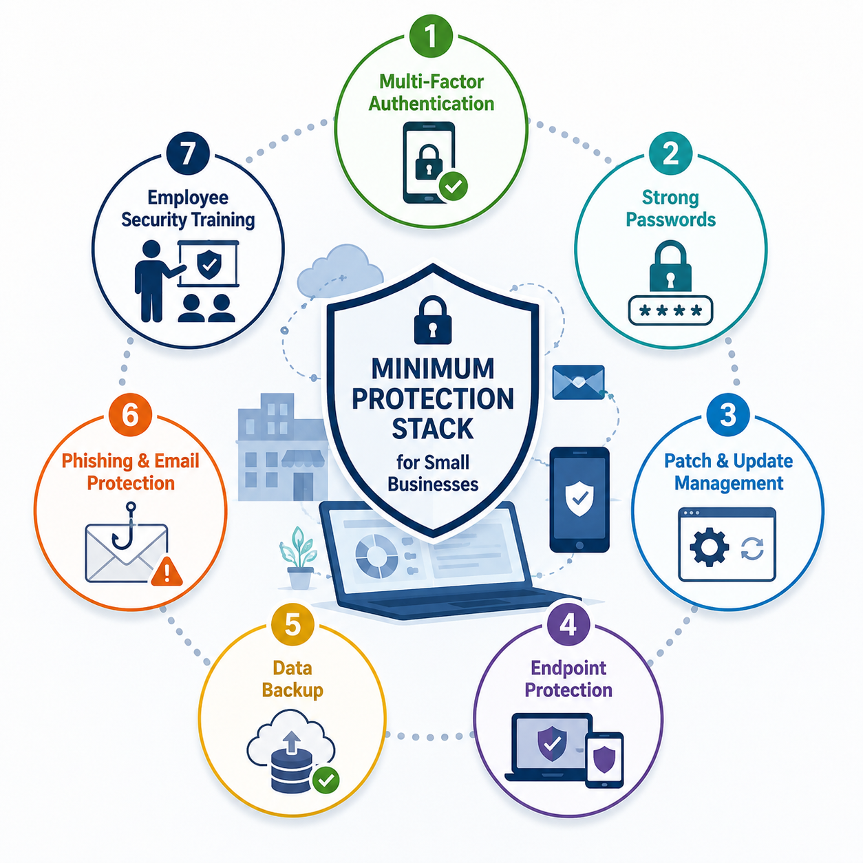 Seven essential cybersecurity controls for small businesses including MFA, strong passwords, patching, endpoint protection, backups, phishing protection, and employee training