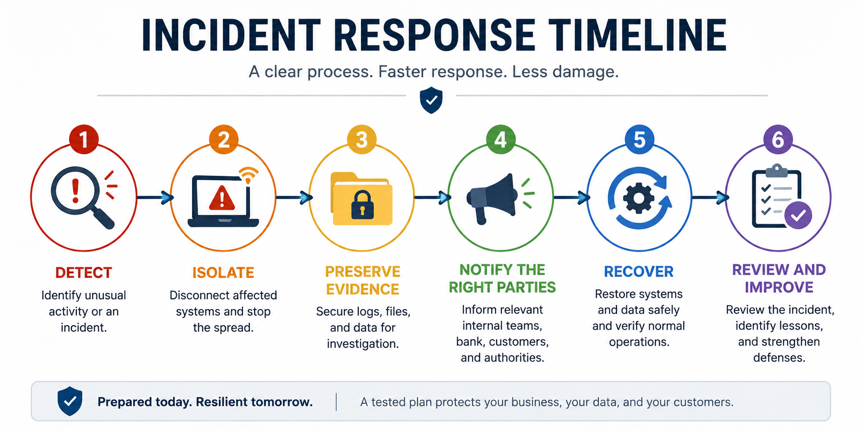 Cybersecurity incident response process showing six steps: detect, isolate, preserve evidence, notify relevant parties, recover, and review