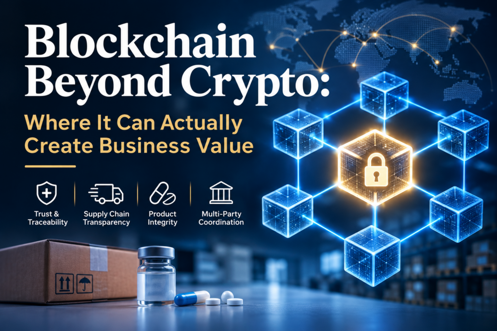 Blockchain business applications beyond cryptocurrency, showing secure shared records, supply chain transparency, product traceability, and multi-party coordination.