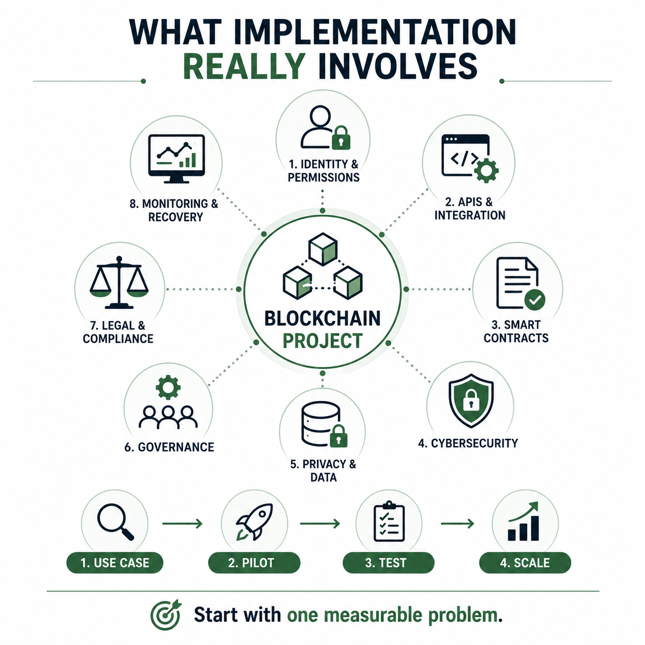 Key elements of blockchain implementation including identity, system integration, smart contracts, cybersecurity, privacy, governance, compliance, and monitoring